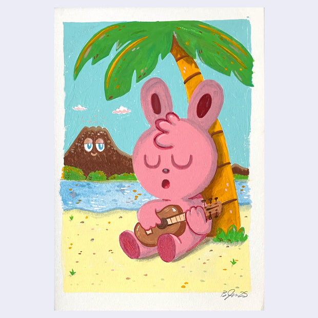 Painting of a pink rabbit character playing a ukelele under a palm tree on a beach.