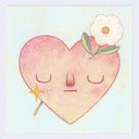 Heart-shaped character with a flower going through it like an arrow on a pastel background