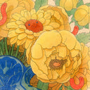 Illustration of a blue vase with ornate patterning and a central image of a large blob with a simplistic round headed character, sitting next to one another. Coming out the vase are many large yellow flowers. Close up.