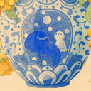 Illustration of a blue vase with ornate patterning and a central image of a large blob with a simplistic round headed character, sitting next to one another. Coming out the vase are many large yellow flowers. Close up.