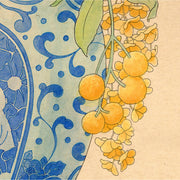 Illustration of a blue vase with ornate patterning and a central image of a large blob with a simplistic round headed character, sitting next to one another. Coming out the vase are many large yellow flowers. Close up.