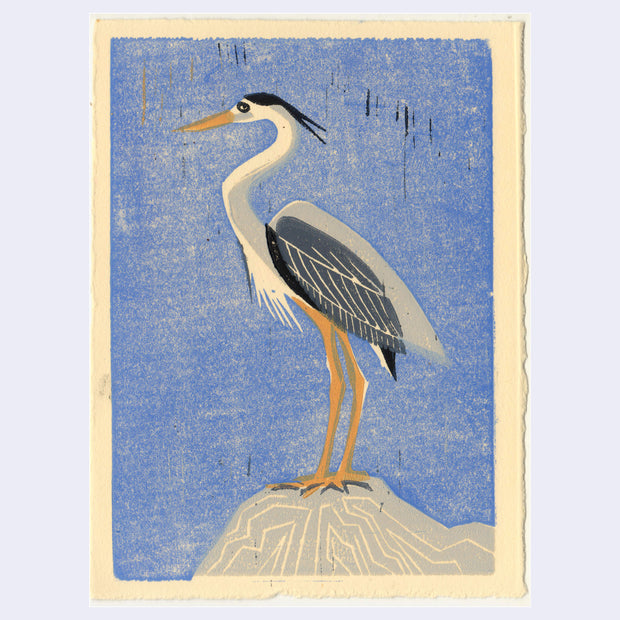 Relief print of a Blue Heron standing on a rock and looking off to the left. Background is solid blue.