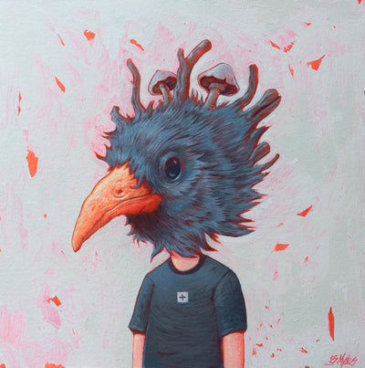 Painting of a person, visible only from their torso up. They wear a t-shirt but their head is large and that of a crow, with branches and mushrooms growing atop its head.