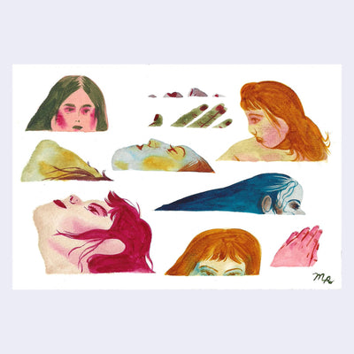 Watercolor painting of different women's faces, mostly just half of them visible as though they are peeking out of an invisible body of water.