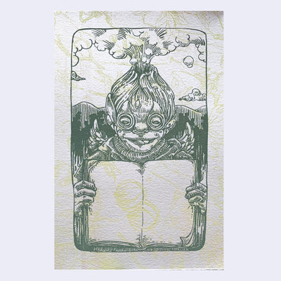 Print of a green character with a volcano head and goggles. They stand with an open book facing the viewer with blank pages.