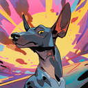 Cartoon style illustration with stark black outlines of a hound style dog with large pointed ears, looking down at the viewer. Background is a collage of bright colors with a yellow sun element.