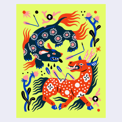 Flat color illustration of a big cat facing a horse or deer character, both very colorful with lots of folk art inspired elements.