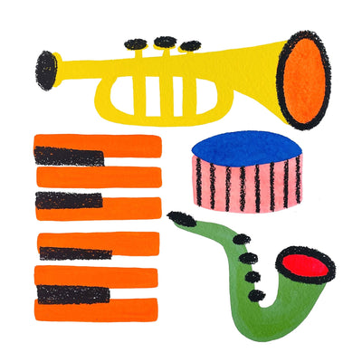 Illustration of 4 instruments: a trumpet, a saxophone, a drum and keyboard.