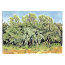 A gouache painting of a dense green forest with trees under a light blue sky, with a patch of golden-yellow grass in the foreground, shown on a white background.