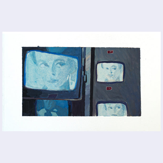 Painting based on a film still from Brazil of several screens playing the same image - a close up of a woman.