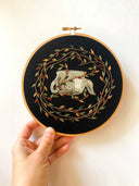 Embroidery on black fabric in a circular embroidery hoop of an upside down gray teapot, surrounded by fall colored leaves attached to vines.