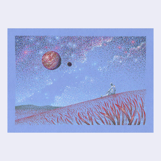 Pointillism style ink drawing on periwinkle colors paper of a person sitting in a vast field, looking up at a large planet overhead with many clouds and stars around it.
