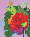 Painting of a raspberry with cartoon x'd out eyes and a worm coming out of its cheek. It dangles with its tongue out.