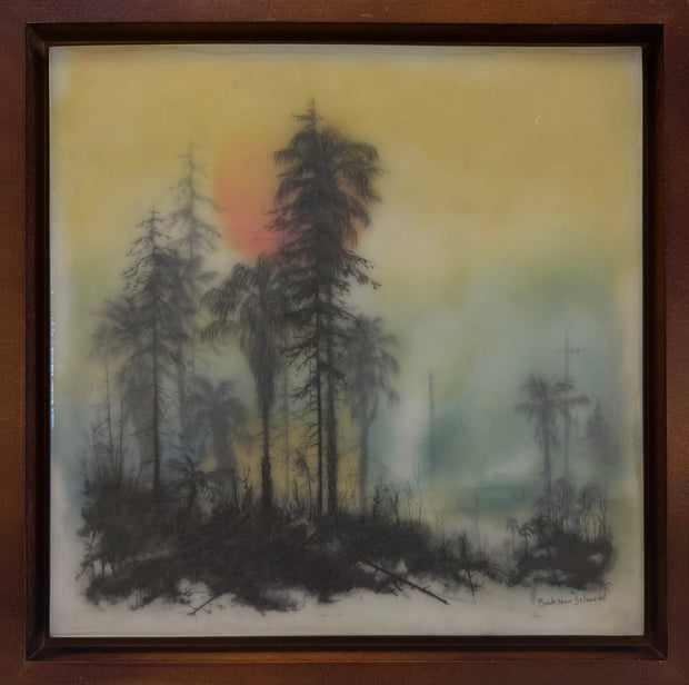 Framed artwork of a forest scene with trees and a sunset. The surface of the painting is softened or blurred, effecting the feel of the overall image.