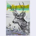 Artistic illustration of a deer with intricate patterns on a colorful abstract background