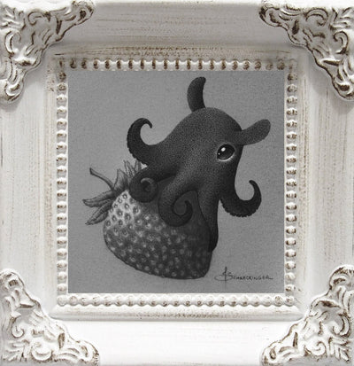 Softly rendered graphite drawing of a small semi realistic vampire squid sitting atop of a strawberry, approximately the same size as it. Piece is an ornate white wooden frame.