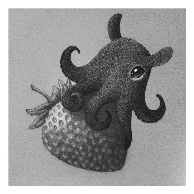 Softly rendered graphite drawing of a small semi realistic vampire squid sitting atop of a strawberry, approximately the same size as it.