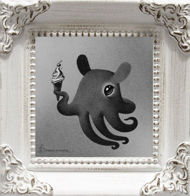Softly rendered graphite drawing of a cute vampire squid with a large eye. It holds an ice cream cone. Piece is in an elaborate white frame.