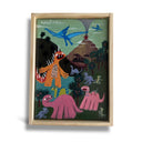 Framed artwork with colorful dinosaur illustrations on a white background