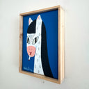 Framed artwork of a stylized white horse with black hair and speckling. It smokes a cigarette.