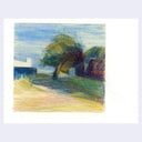 A pastel or crayon landscape drawing on a white paper square, featuring a blue sky, green and brown trees, a pale yellow path, and dark red-brown buildings, shown against a light lavender background.