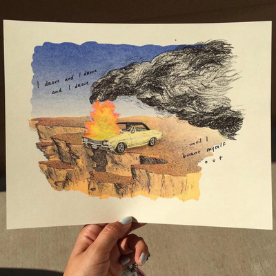 Illustration of an older yellow car, parked at the edge of a desert cliff. Large plumes of smoke pour out from the engine being engulfed in flames. Text reads "I drove and I drove and I drove until I burnt myself out"