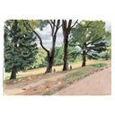 An impressionist landscape painting depicting a park scene with tall trees, a dirt path, and a few small seated figures, shown against a white background.
