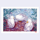 An illustration of three white ducks standing on a rocky shore beside blue water, with green foliage at the edges. 