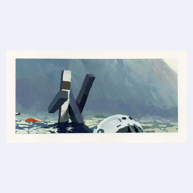 Painting based on a film still from Interstellar of a large structure consisting of 4 straight beams, at various angles.