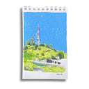 Illustration of a radio tower on a hill with trees and a clear blue sky.