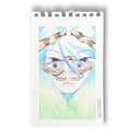 Colorful drawing of a girl with blue and green hair, with a brown moth resting atop her face.