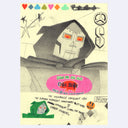 Illustration in graphite, colored pencils and markers on cream colored paper of Dr. Doom with his metal face mask. Around him are doodles and mocked up packaging for Vietnamese food.