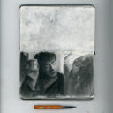 Charcoal illustration from a film still of Chungking Express, a man sits and holds a cup up.