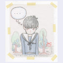 Colored pencil illustration of a girl dressed in a sailor top, with a thought bubble that says "..."