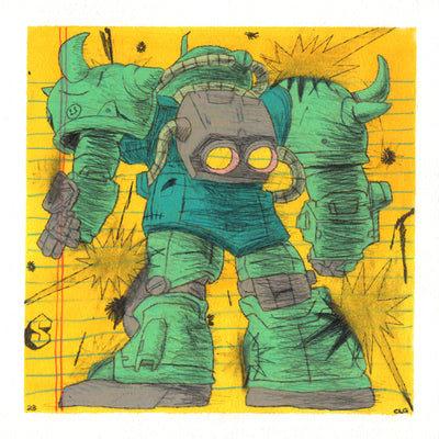 Illustration on drawn yellow lined paper of the back of a cartoon mech, green and tall with many metal weapons and armor. Doodles accompany the figure, explosions and sparks.
