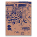 Illustration of a thrashed 7/11 parking lot with video game and cartoon characters in it.