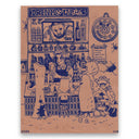 Blue marker illustration on brown paper of a bar setting with many cartoon characters gathered around it