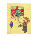 Super Mario painting a superhero on lined notebook paper with comic book-style text.