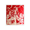Illustrated characters on a red background with silver outlines
