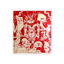 Illustrations of various characters on a red background
