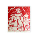 Red and white illustration of a robot and various characters on a white background