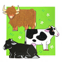 Illustrations of a brown bull, black and white cow, and black cow on a green background with flowers.