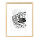 Illustration of a cartoon character in traditional Japanese attire but modern sneakers, riding on a streetcar and hanging off the side.