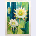 A painting of two white water lilies with yellow centers and pinkish-orange accents, set against a background of green and dark teal leaves, shown on a textured off-white paper sheet.