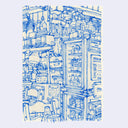 A blue line-art illustration of a cluttered behind the counter cafe scene, with canned and bottled drinks in a fridge on a white background.