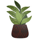 A stylized potted plant wall art piece featuring layered green tropical leaves in shades of light and dark green, set in a dark brown pot with a red geometric pattern, isolated on a white background.