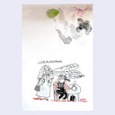 Doodle sketch of a woman with a dog, drinking coffee and a woman excitedly coming up and talking to her.