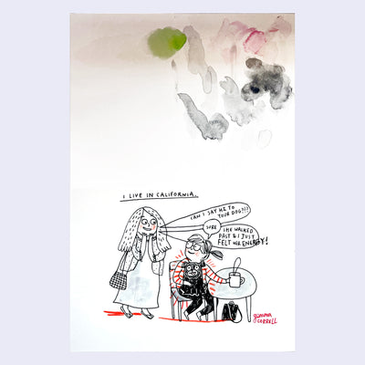 Doodle sketch of a woman with a dog, drinking coffee and a woman excitedly coming up and talking to her.