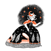 Sticker of a woman in a puffy dress with imagery of a house and trees at night. She holds a single flower against a night sky with orange stars.