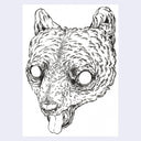 Black ink illustration on white paper of a bear with its tongue hanging out.